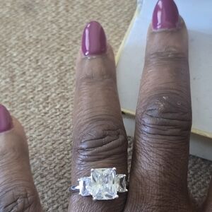 Macy's Elegant Silver 3stone Ring Clear Gemstones Square Sz 8 New